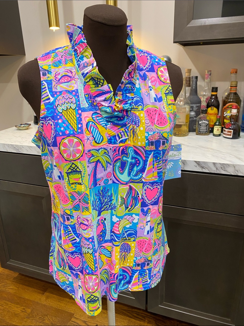 Lulu B shirt blouse, top tunic, vibrant, colorful ruffle beach ocean pelican